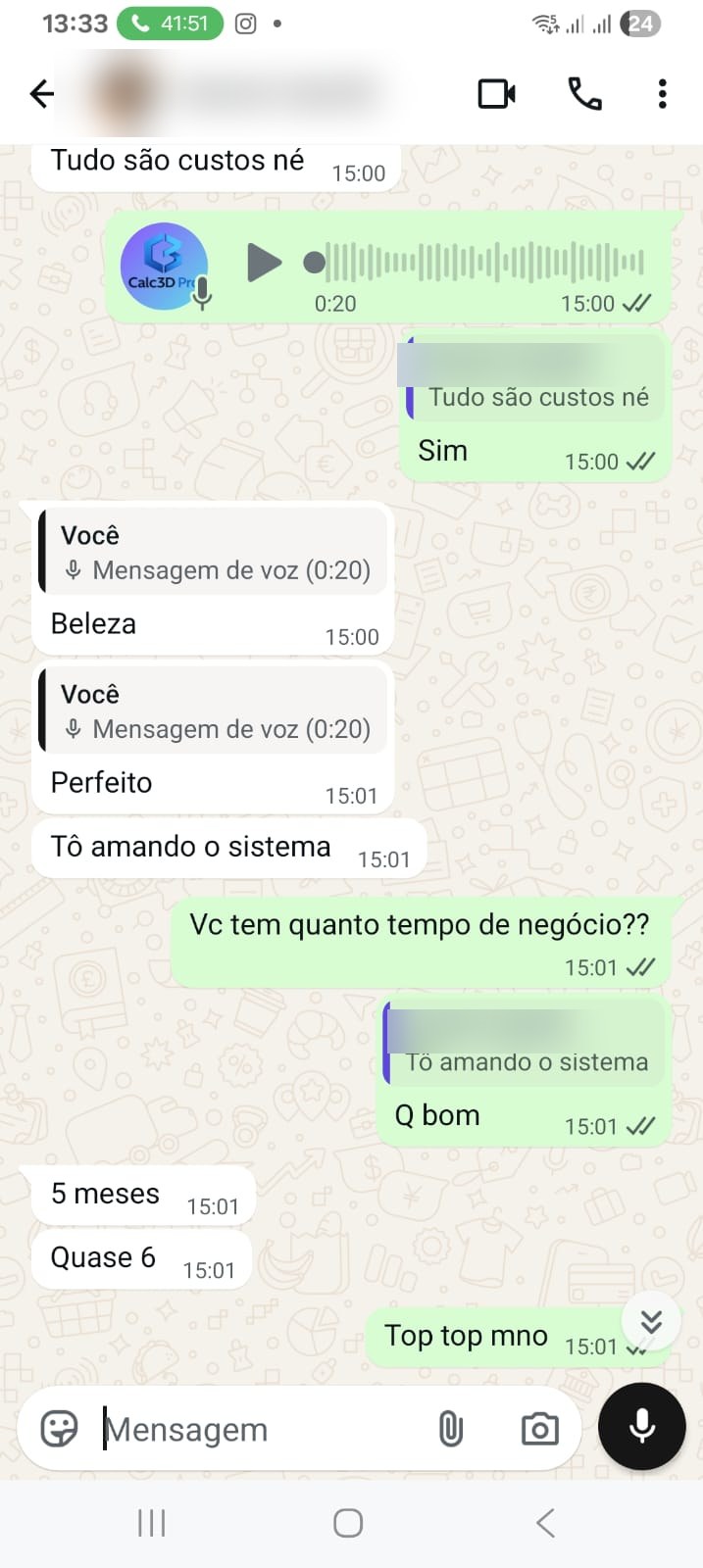 Print de conversa real com cliente do Calc3D Pro 2, com dados pessoais borrados